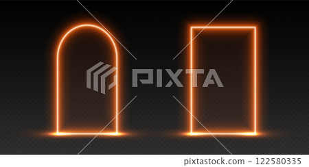 Neon door and arch, orange glowing portal, futuristic gate, magic LED frame. 122580335