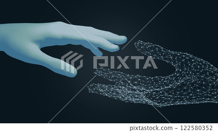 A symbolic image depicting a human hand and an AI-powered network hand reaching out to connect, showcasing the union of humanity and advanced technology in a futuristic digital world. 3d rendering 122580352