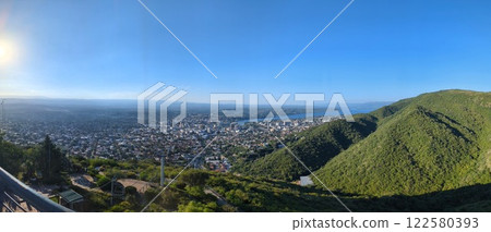 Panoramic view of the city of Villa Carlos Paz and the San Roque Reservoir in central Argentina 122580393