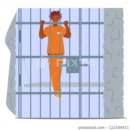 Lonely worried woman prisoner cartoon character wearing orange jumpsuit uniform behind bars Lonely worried woman prisoner cartoon character wearing orange jumpsuit uniform behind bars 122580411