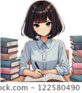A woman studying hard surrounded by books 122580490