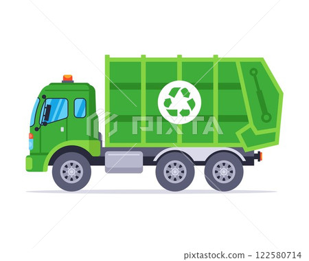 Green garbage truck takes out garbage in the city. Green garbage truck takes out garbage in the city. 122580714