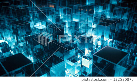Dynamic arrangement of translucent cubes illuminated in vibrant blue tones 122580873