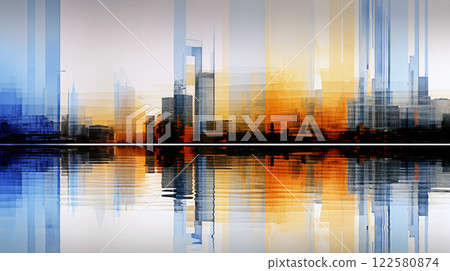 Colorful urban skyline reflection during sunset with abstract patterns on water surface Colorful urban skyline reflection during sunset with abstract patterns on water surface 122580874
