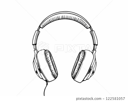 Monochrome Illustration of Headphones, Line Art. Monochrome Illustration of Headphones, Line Art. 122581057