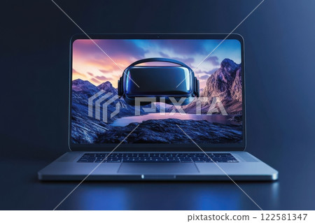Virtual reality experience showcase mountain landscape digital art modern environment close-up view immersive technology 122581347