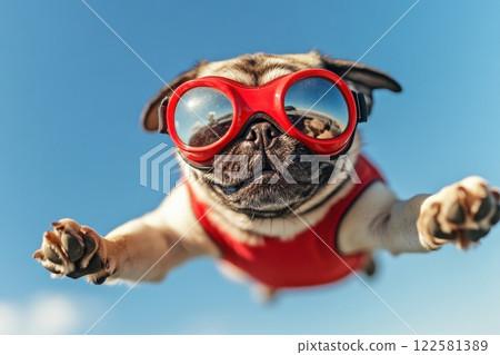 Flying pug dog in sunglasses outdoor setting fun animal photography clear sky playful concept 122581389