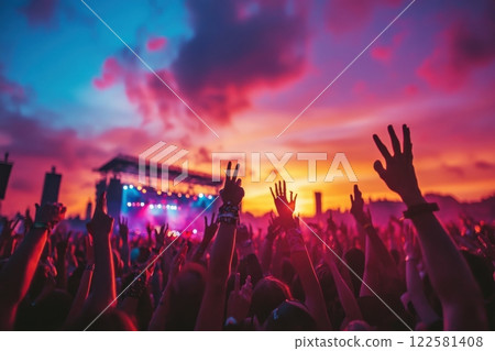 Exciting music festival outdoor venue crowd engagement vibrant sunset wide-angle view celebration of life 122581408