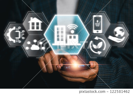 Explore the future of urban living with smart city technology, showcasing innovation, connectivity, and sustainability. 122581462