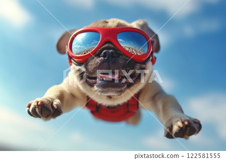 Pug in sunglasses flying through the sky outdoor adventure animal photography playful environment upbeat perspective 122581555