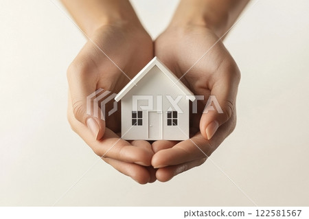 Caring for your future hands holding a miniature house model indoor setting conceptual imagery focus on home ownership Caring for your future hands holding a miniature house model indoor setting conceptual imagery focus on home ownership 122581567