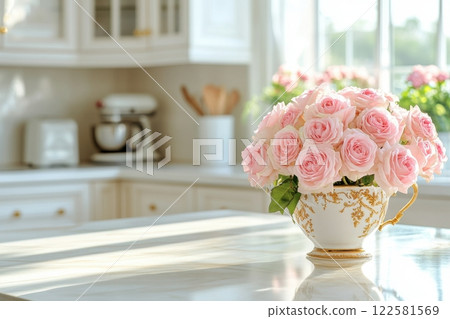 Blooming pink roses arrangement cozy kitchen floral decor sunlit environment serene viewpoint home aesthetics 122581569