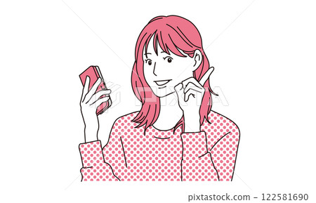 一名女子手持智慧型手機並指著的插圖 122581690
