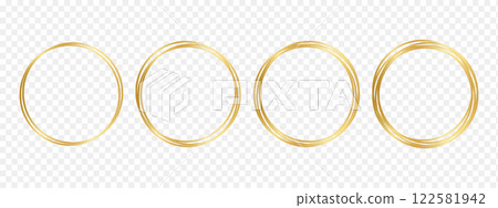 Set of circle golden frames. Shiny luxury round borders isolated on transparent background. Empty decorative frameworks, design elements for greeting or wedding cards. Vector realistic illustration 122581942