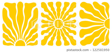 Set of posters with groovy sun pattern. Banners with wavy yellow rays. Groovy sunburst, sunrise or sunset wallpapers. Summer theme prints. Positive vibes designs. Vector flat illustration Set of posters with groovy sun pattern. Banners with wavy yellow rays. Groovy sunburst, sunrise or sunset wallpapers. Summer theme prints. Positive vibes designs. Vector flat illustration 122581950