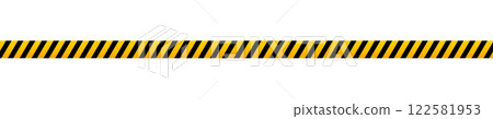 Caution barricade tape with black and yellow slanted print. Safety barrier in quarantine site, construction work area or criminal scene zone. Stop, warning or forbidden sign. Vector flat illustration 122581953