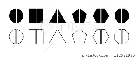 Set of geometric round, square and triangle, pentagon, hexagon and octagon shapes divided into 2 equal parts. Simple diagrams, business charts templates. Vector graphic illustration Set of geometric round, square and triangle, pentagon, hexagon and octagon shapes divided into 2 equal parts. Simple diagrams, business charts templates. Vector graphic illustration 122581959