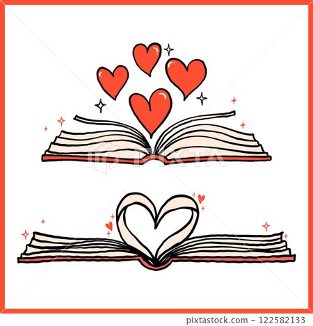 Retro Valentine Bookish Vibrant Open Book Heart Shaped Whimsical Bold Hand Drawn set Retro Valentine Bookish Vibrant Open Book Heart Shaped Whimsical Bold Hand Drawn set 122582133