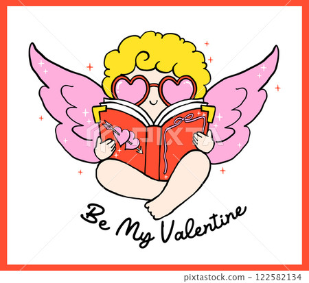 Whimsical Retro Valentine Bookish Cupid Reading Books Bold Lined Hand Drawn 122582134