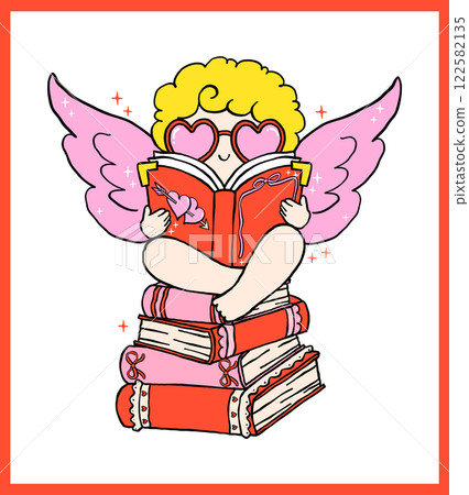 Whimsical Retro Valentine Bookish Cupid Rerading on Books stack Bold Lined Hand Drawn 122582135