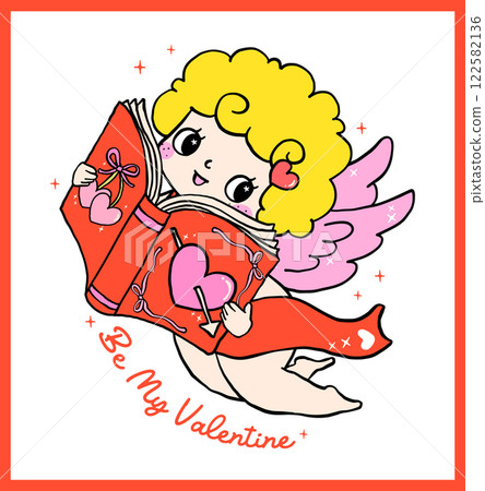 Whimsical Retro Valentine Bookish Cupid with Book Bold Lined Hand Drawn 122582136