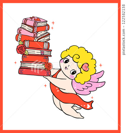 Whimsical Retro Valentine Bookish Cupid with Books stack Bold Lined Hand Drawn 122582138