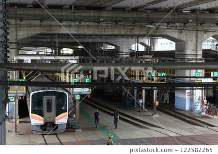 An E129 series train undergoing inspection at the Omiya General Rolling Stock Center (Omiya Ward, Saitama City, Saitama Prefecture) An E129 series train undergoing inspection at the Omiya General Rolling Stock Center (Omiya Ward, Saitama City, Saitama Prefecture) 122582265