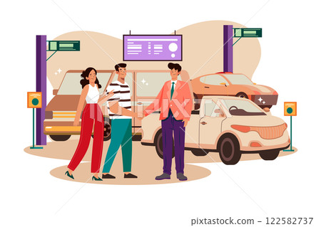 Happy customers couple handshaking with a manager in an auto salon Happy customers couple handshaking with a manager in an auto salon 122582737