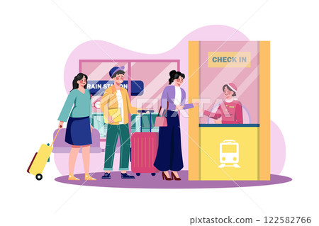 Passengers Stand In Line To Check In At The Train Station 122582766