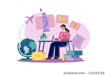 Young Woman Writes About Attractive Destinations In Travel 122582768