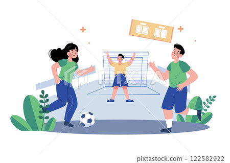 The Group Of Friends Is Playing Soccer In The Yard 122582922