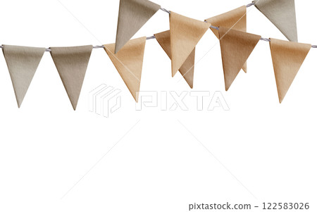 Triangular holiday flags with twisted gray rope in seamless border as ready template of event decorations as garlands in pastel earthy fall colors. Watercolor clipart on transparent background 122583026