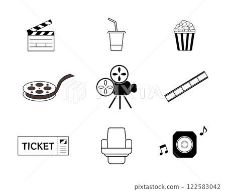 Cinema related simple black and white illustration set 122583042