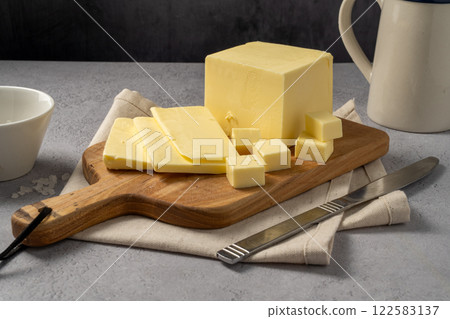 Butter block, grass-feed butter slices over wood cutting board. Vitamin D and source of fat  122583137