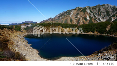 位於富山縣黑部立山阿爾卑斯山脈路線室堂的御庫裡池,池水倒映著藍天,背景是別山 位於富山縣黑部立山阿爾卑斯山脈路線室堂的御庫裡池,池水倒映著藍天,背景是別山 122583540