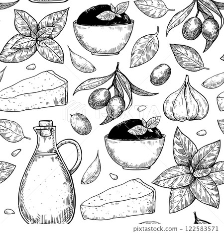 Seamless pattern with pesto sauce elements, basil leaves, garlic, parmesan cheese, olive oil in hand-drawn sketch style. Black and white illustration Seamless pattern with pesto sauce elements, basil leaves, garlic, parmesan cheese, olive oil in hand-drawn sketch style. Black and white illustration 122583571