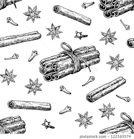 Seamless pattern with cinnamon, star anise and clove. Hand-drawn illustration in black and white engraving style. 122583574