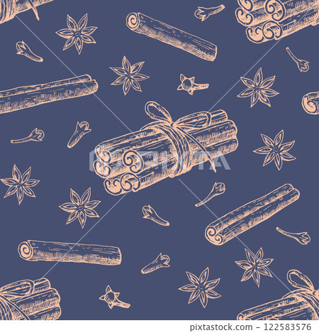 Seamless pattern with cinnamon, star anise and clove. Hand-drawn illustration in black and white engraving style. 122583576