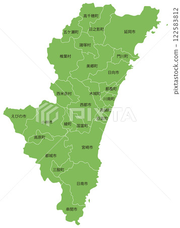 Dividable map of Miyazaki prefecture with city and town names Dividable map of Miyazaki prefecture with city and town names 122583812
