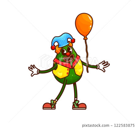 Groovy cartoon avocado vegetable characters on holiday party. Children holiday party farm fresh veggie isolated groovy vector character. Avocado vegetable mascot kids birthday clown with balloon Groovy cartoon avocado vegetable characters on holiday party. Children holiday party farm fresh veggie isolated groovy vector character. Avocado vegetable mascot kids birthday clown with balloon 122583875