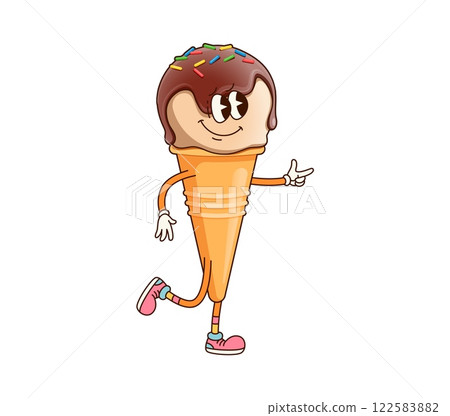Groovy ice cream character with a lively expression and chocolate topping, cheerfully giving finger gun gesture. Isolated cartoon vector playful and vibrant summer treat personage with funny face Groovy ice cream character with a lively expression and chocolate topping, cheerfully giving finger gun gesture. Isolated cartoon vector playful and vibrant summer treat personage with funny face 122583882