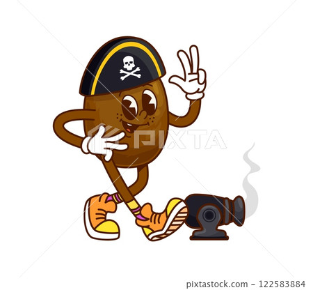 Cartoon groovy kiwi fruit pirate and corsair character striking a fun pose next to cannon. Isolated vector cheerful tropical fruit personage in a captain hat and retro hippie sneakers with peace sign Cartoon groovy kiwi fruit pirate and corsair character striking a fun pose next to cannon. Isolated vector cheerful tropical fruit personage in a captain hat and retro hippie sneakers with peace sign 122583884