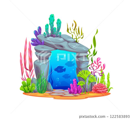 Underwater sea portal in stone gate for magic game or undersea fantasy, cartoon vector. Underwater game element of water portal in rock cave or stone arch with fishes and seaweeds of coral reef 122583893