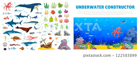 Underwater landscape constructor, arcade game asset featuring marine animals and sea plants, fish, shark, turtle and coral reefs. Walrus, stingray, whale and rocks, hippocampus, shell and sunken ship Underwater landscape constructor, arcade game asset featuring marine animals and sea plants, fish, shark, turtle and coral reefs. Walrus, stingray, whale and rocks, hippocampus, shell and sunken ship 122583899