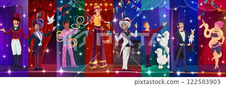 Cartoon circus performer characters collage, vector carnival artists and animals at circus arena. Cute magician, juggler, clown and entertainer, snake charmer and dog trainer performer characters Cartoon circus performer characters collage, vector carnival artists and animals at circus arena. Cute magician, juggler, clown and entertainer, snake charmer and dog trainer performer characters 122583903