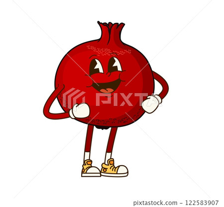 Groovy pomegranate fruit character in retro cartoon art, vector happy comic emoji. Groovy pomegranate with happy smile on funny face, cute funky fruit food character and retro cartoon emoticon Groovy pomegranate fruit character in retro cartoon art, vector happy comic emoji. Groovy pomegranate with happy smile on funny face, cute funky fruit food character and retro cartoon emoticon 122583907