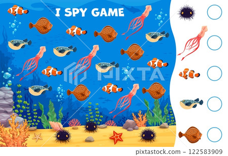 I spy game worksheet with sea underwater animals and fishes, vector puzzle quiz. Kids I spy game to find and match same picture of cartoon undersea or ocean funny characters, clownfish, squid and fugu 122583909