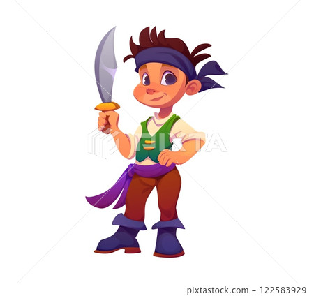 Cartoon kid pirate or corsair character with saber sword, vector captain sailor personage. Happy funny boy in pirate or corsair party costume with kerchief bandana as skipper or boatswain character 122583929