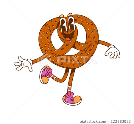 Groovy pretzel, retro cartoon hippie fast food character, vector funny pastry. Groovy pretzel bagel with happy smile and funky face, psychedelic hippie Oktoberfest bagel or hipster fast food character 122583932