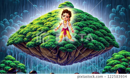 God Krishna standing on a floating island protected by a banyan tree God Krishna standing on a floating island protected by a banyan tree 122583934